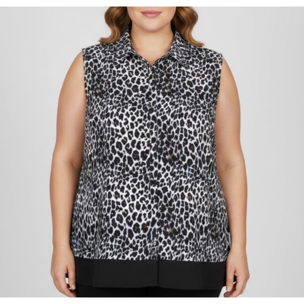 SIGNATURE Black/Blue SATIN Leopard SLEEVELESS Button-Up SWING HEM Blouse/Top 2X